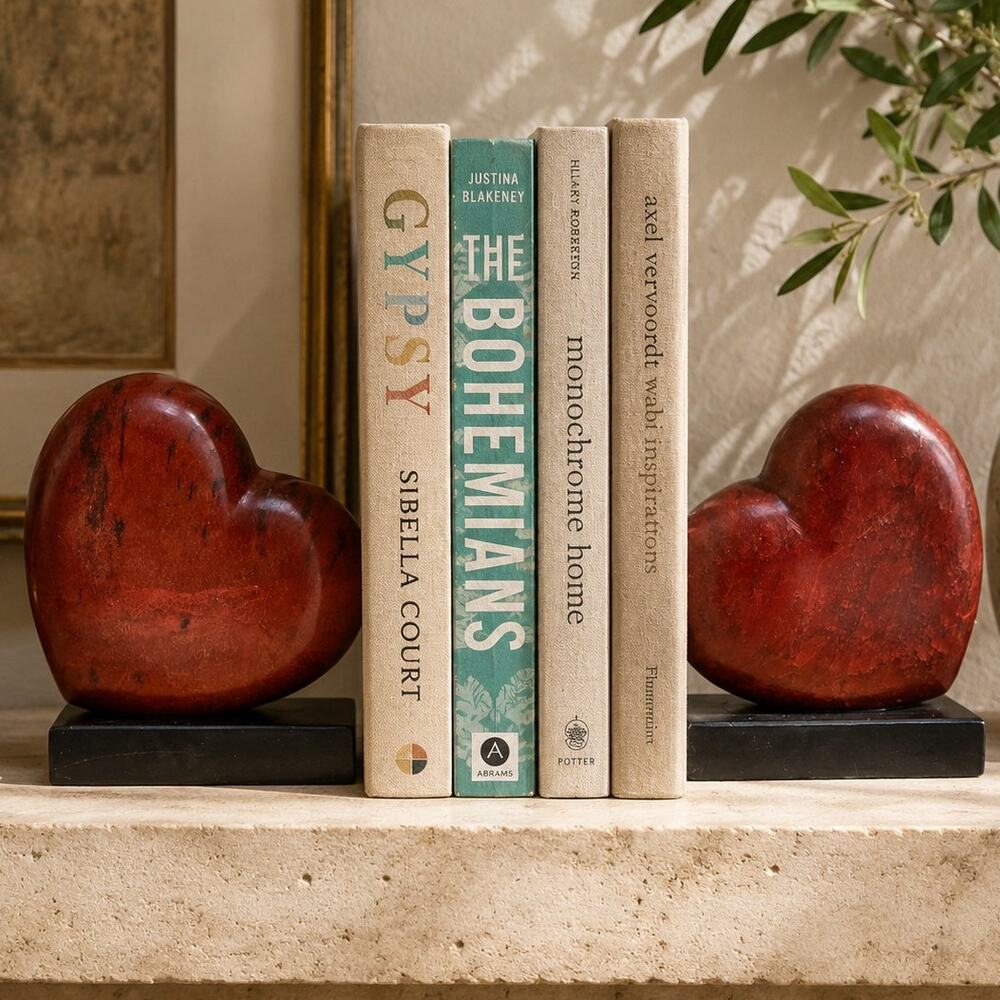 Vintage Pier 1 Red Stone Heart Bookends Pair Heavy Sculptural Boho Decor